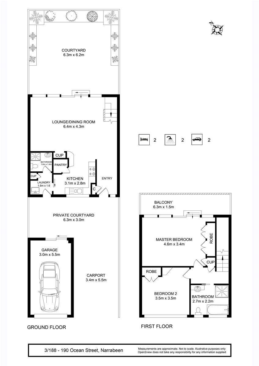 North Facing Courtyard 200m to Beach