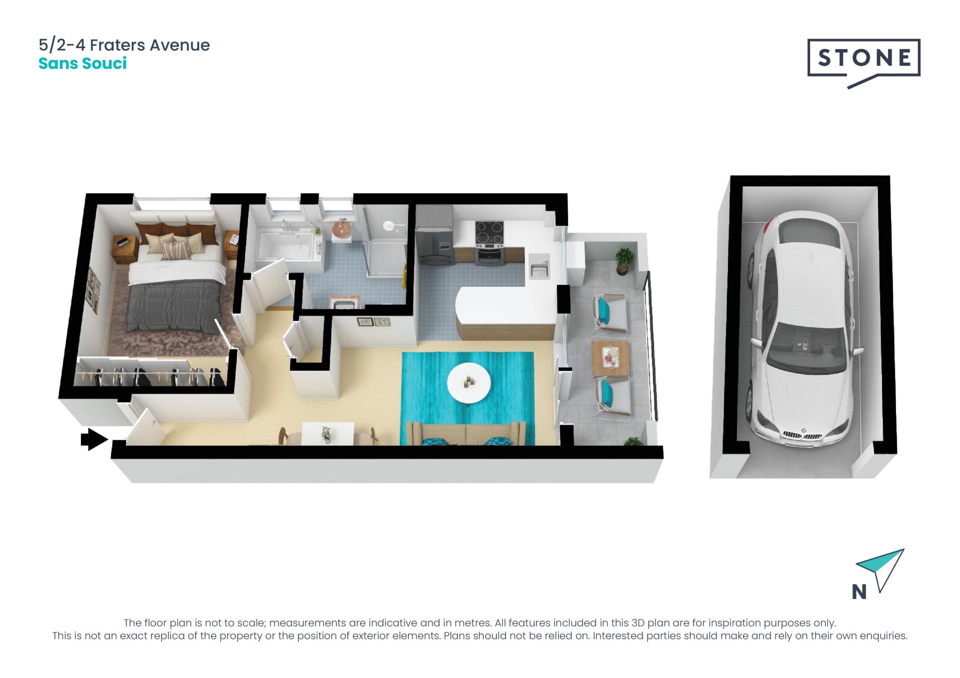 Fresh and bright one-bedder with balcony and garage