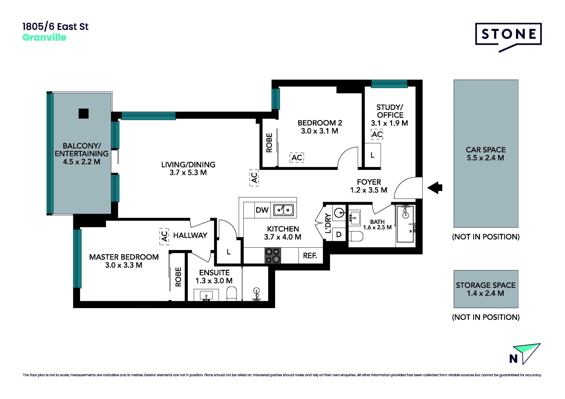 2 bedroom PLUS study, top floor apartment with stunning views
