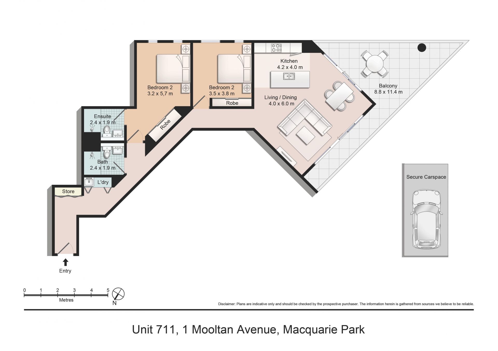 Large 2 bedrooms and 2 bathrooms with a car space