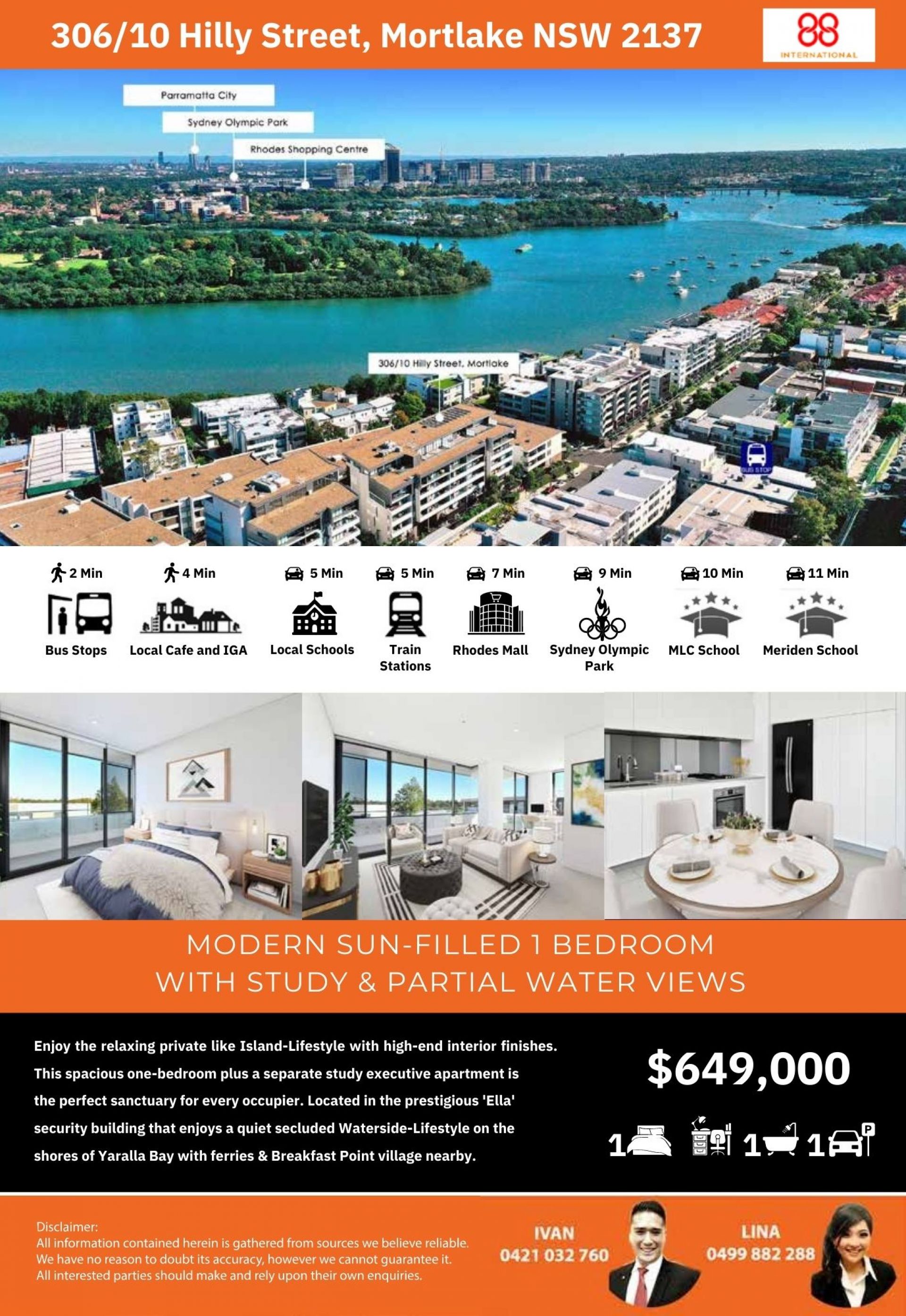 Modern Sun-filled 1 Bedroom with Study & partial Water Views