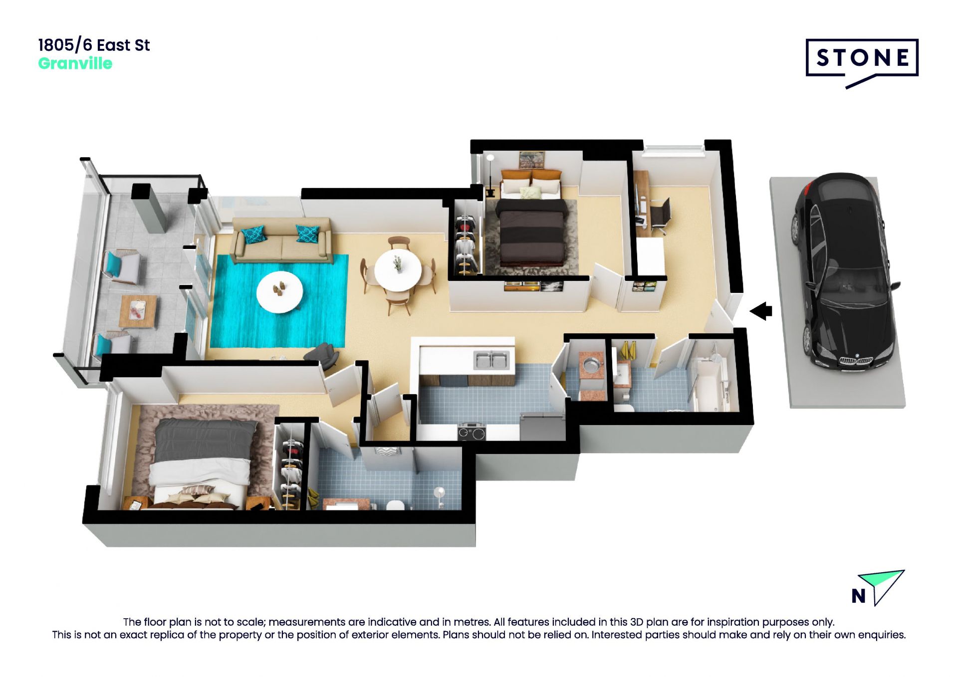 2 bedroom PLUS study, top floor apartment with stunning views