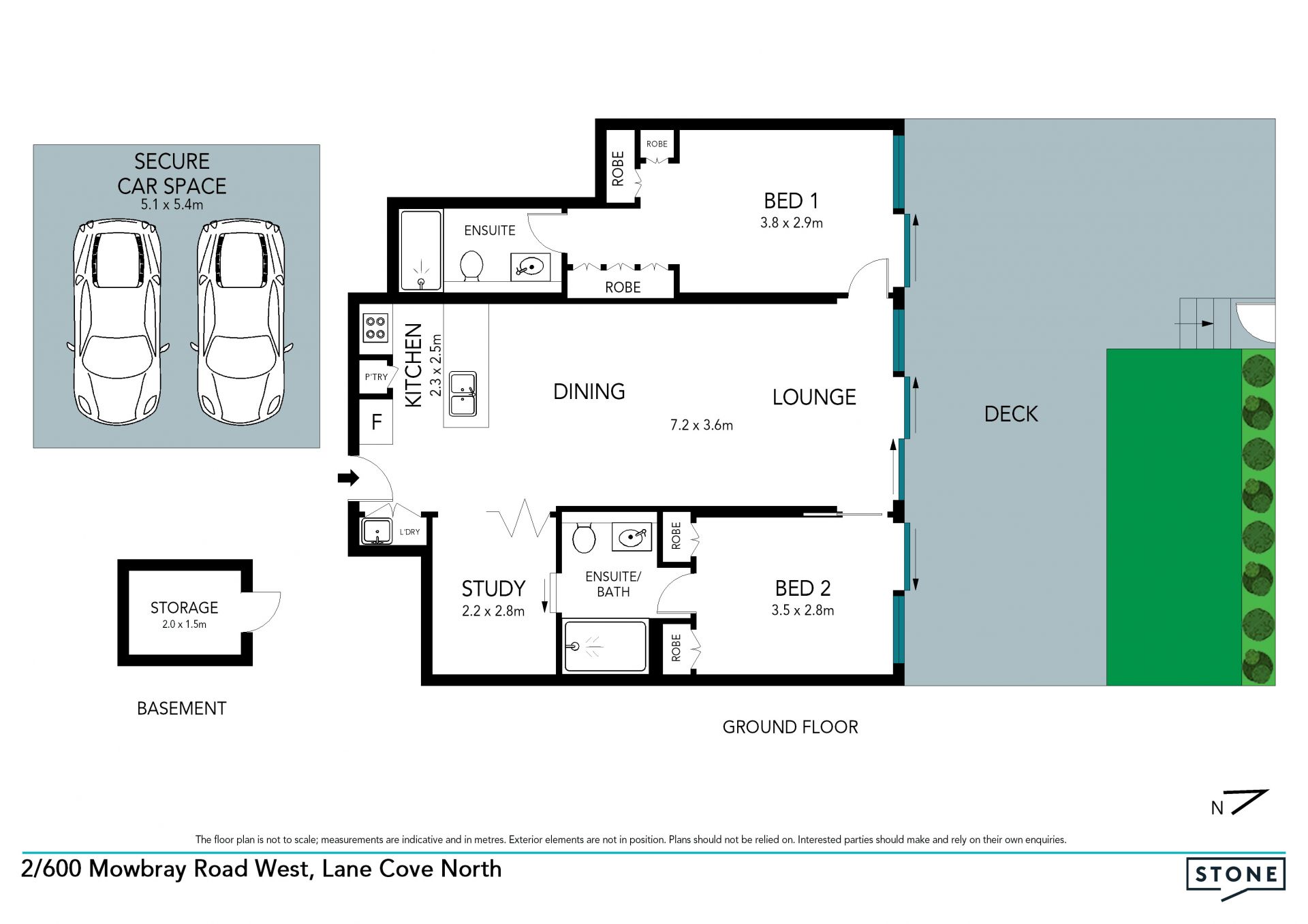 North-facing two bedroom plus study apartment with courtyard