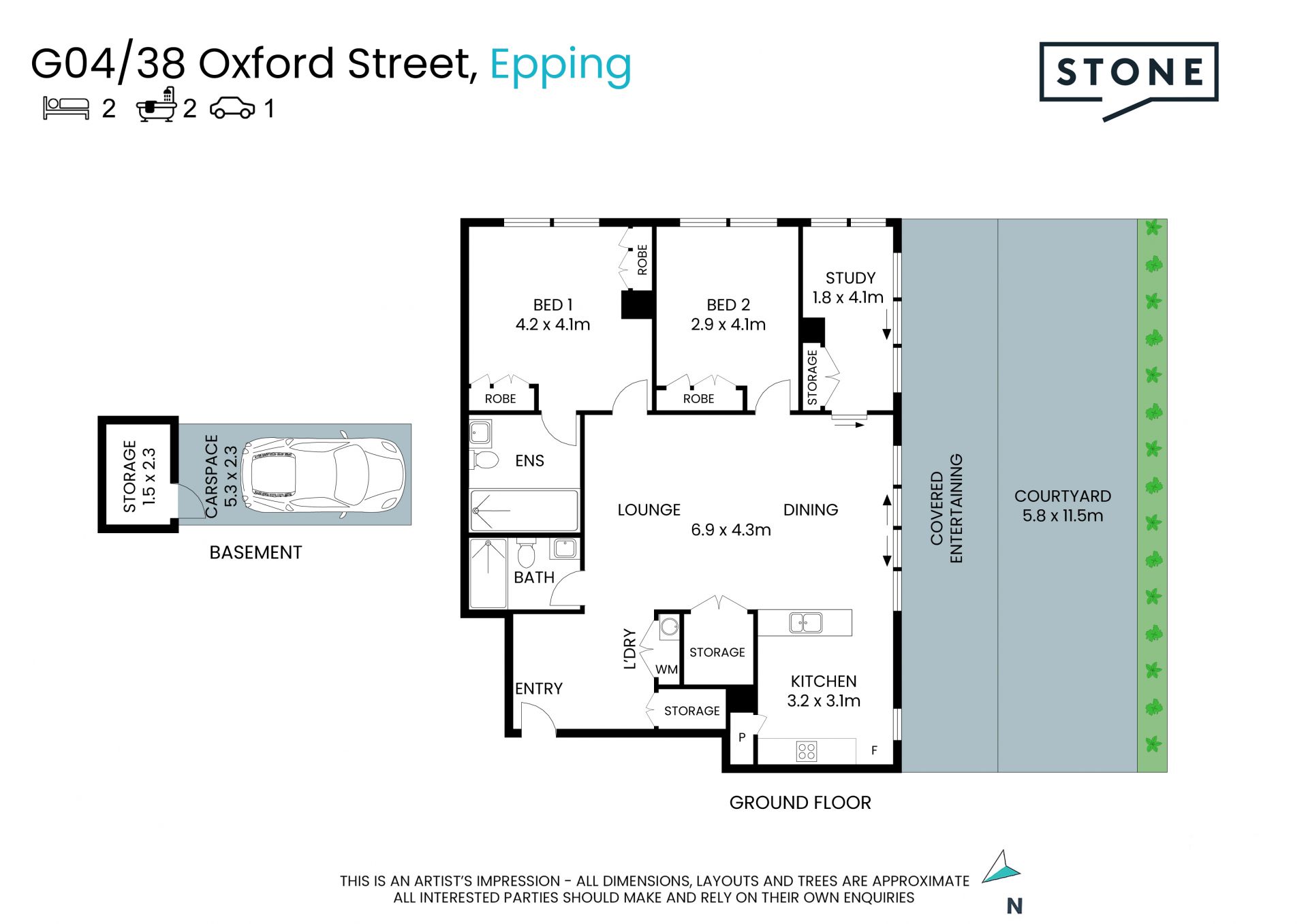 Oversized Courtyard Apartment with Additional Study in 
