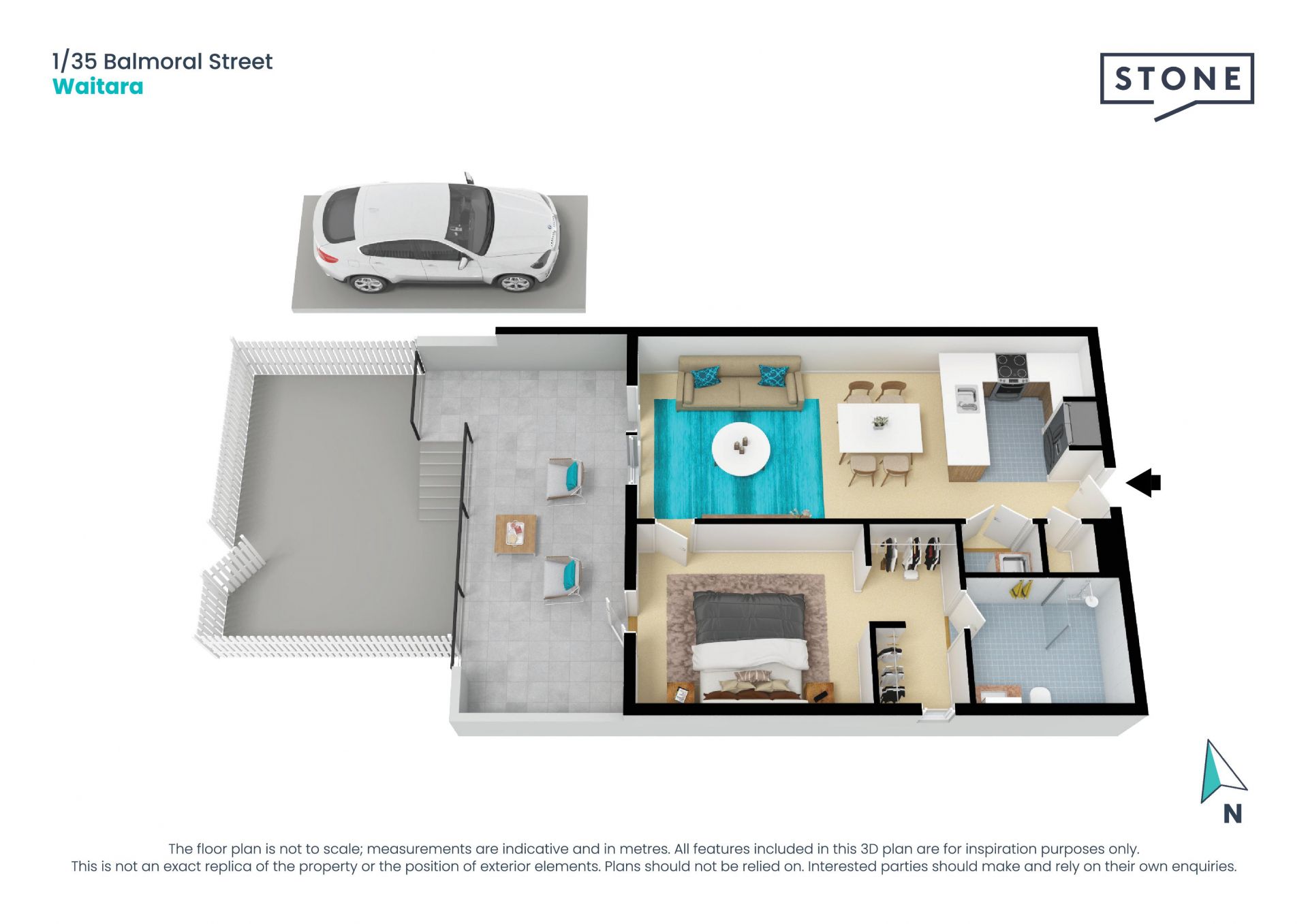 One bedroom with covered terrace & backyard