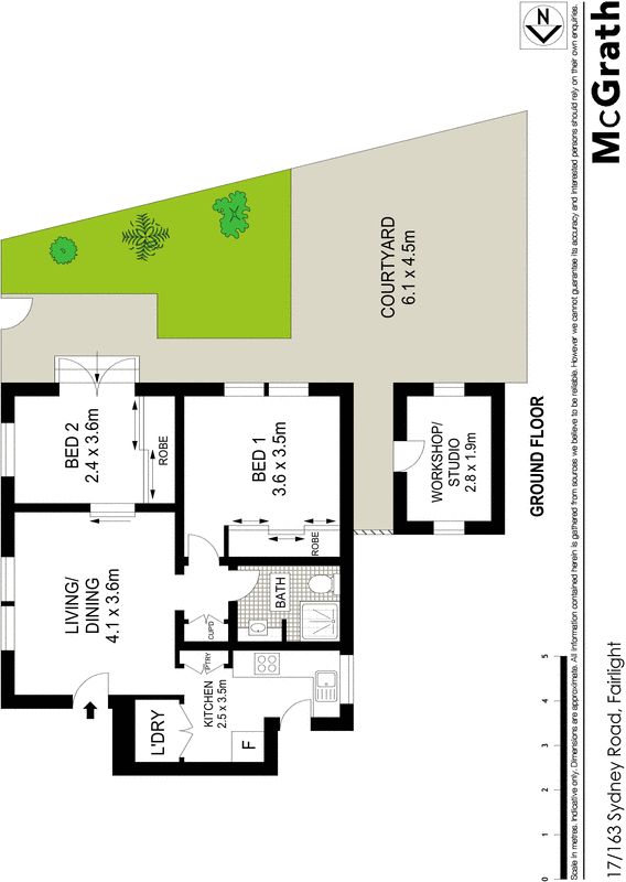 Sunlit garden apartment with generous courtyard